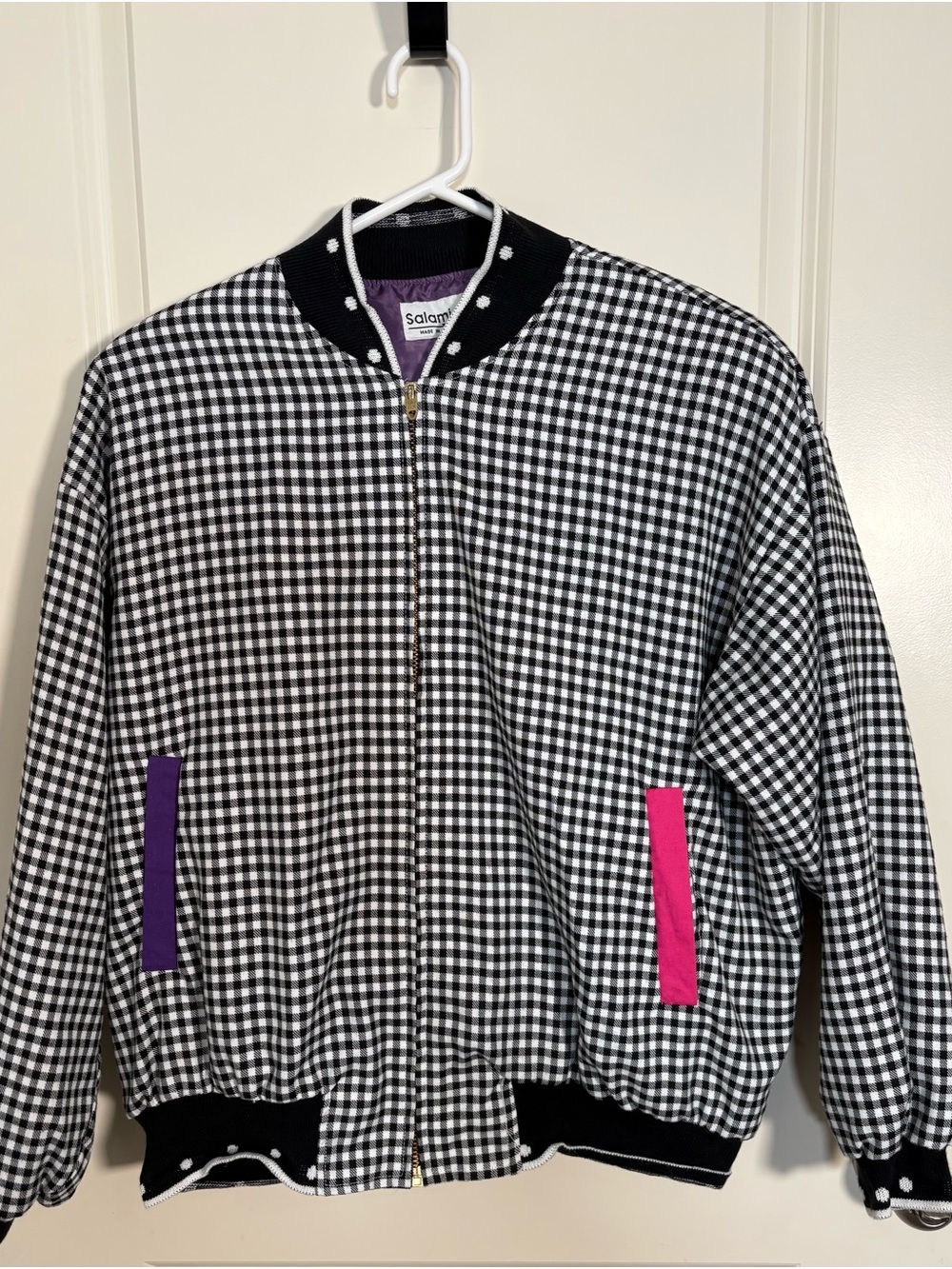 Black & White Gingham Bomber Jacket with Pink and Purple Trim